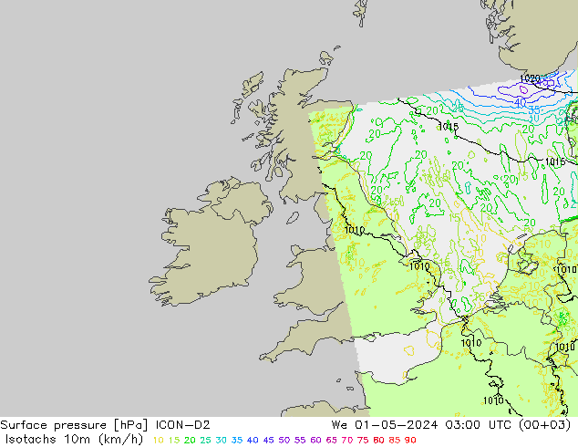 Isotachs (kph) ICON-D2 We 01.05.2024 03 UTC