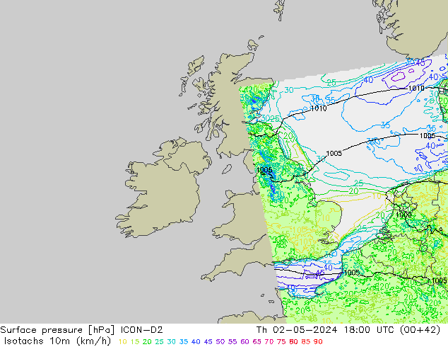 Isotachs (kph) ICON-D2 чт 02.05.2024 18 UTC