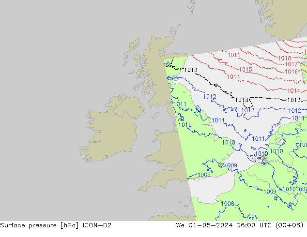 Surface pressure ICON-D2 We 01.05.2024 06 UTC