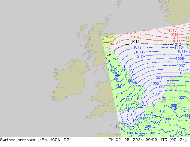 Surface pressure ICON-D2 Th 02.05.2024 00 UTC