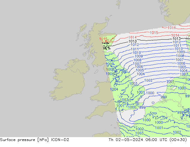 Surface pressure ICON-D2 Th 02.05.2024 06 UTC