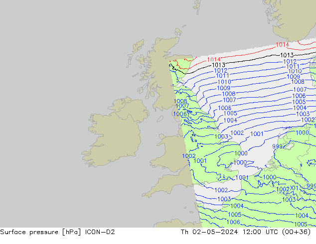 Surface pressure ICON-D2 Th 02.05.2024 12 UTC