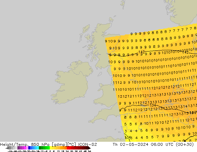 Hoogte/Temp. 850 hPa ICON-D2 do 02.05.2024 06 UTC