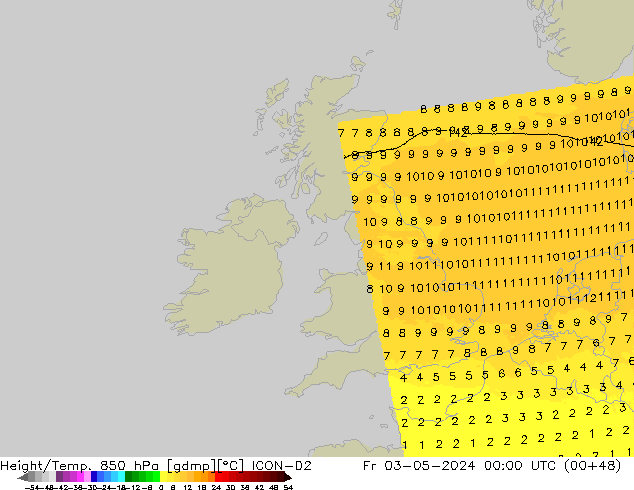 Height/Temp. 850 hPa ICON-D2 pt. 03.05.2024 00 UTC