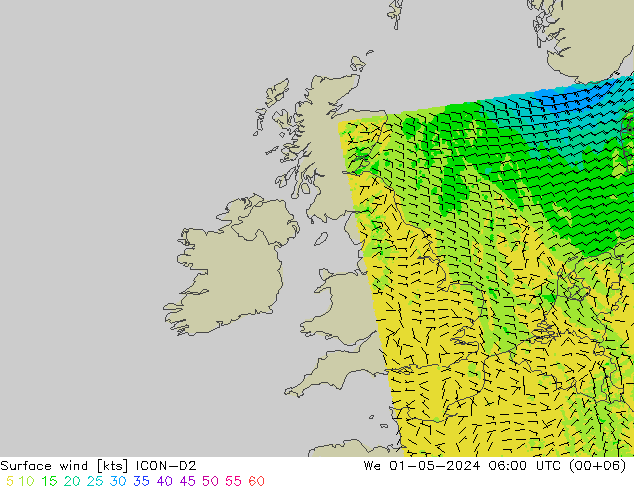 Surface wind ICON-D2 We 01.05.2024 06 UTC