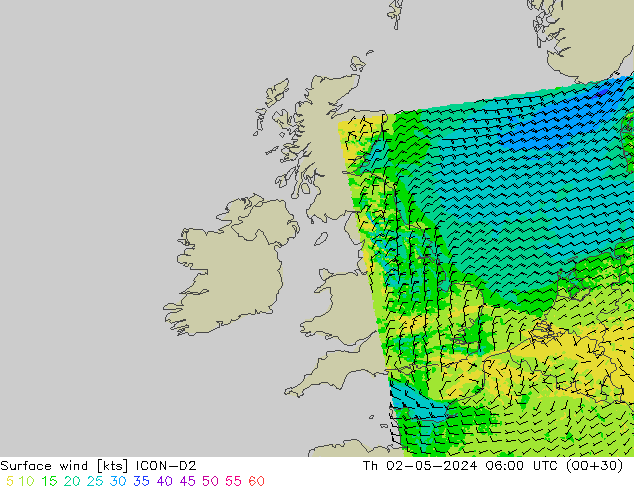 Viento 10 m ICON-D2 jue 02.05.2024 06 UTC