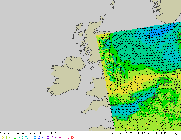 Surface wind ICON-D2 Fr 03.05.2024 00 UTC