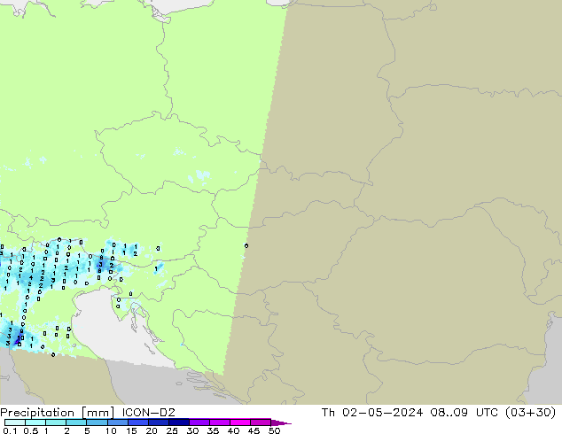 Srážky ICON-D2 Čt 02.05.2024 09 UTC