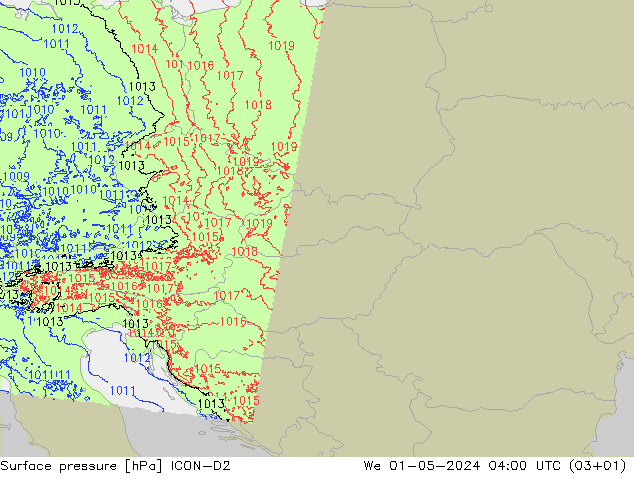 Pressione al suolo ICON-D2 mer 01.05.2024 04 UTC