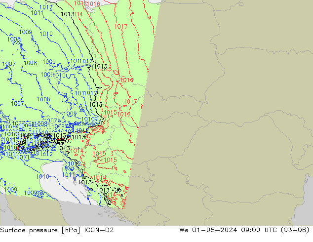 Surface pressure ICON-D2 We 01.05.2024 09 UTC