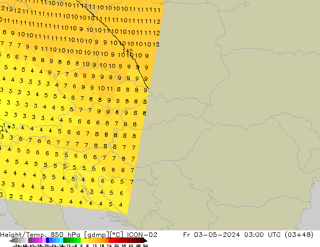 Height/Temp. 850 hPa ICON-D2  03.05.2024 03 UTC