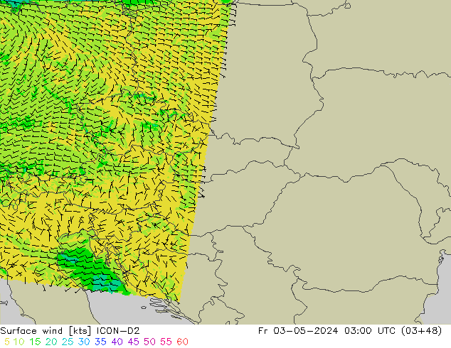 Surface wind ICON-D2 Fr 03.05.2024 03 UTC