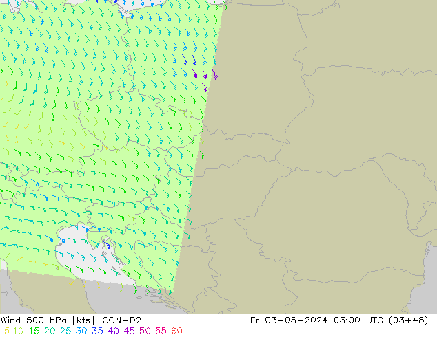 Vento 500 hPa ICON-D2 Sex 03.05.2024 03 UTC