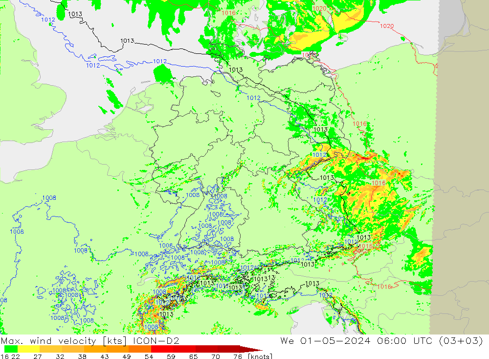 Max. wind velocity ICON-D2 We 01.05.2024 06 UTC