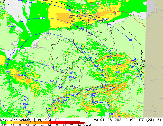 Max. wind velocity ICON-D2 We 01.05.2024 21 UTC