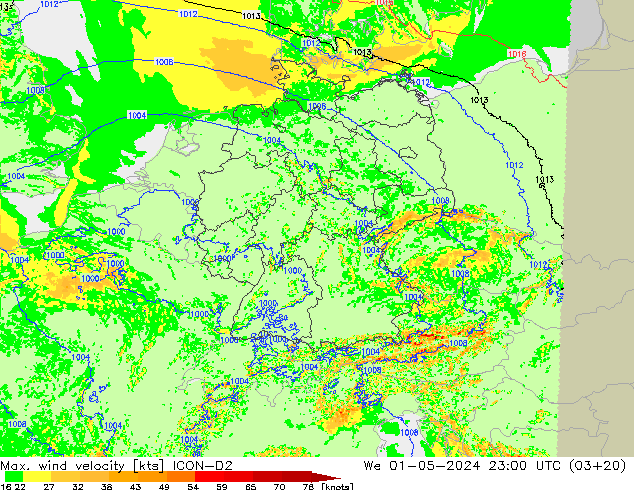 Max. wind velocity ICON-D2 We 01.05.2024 23 UTC