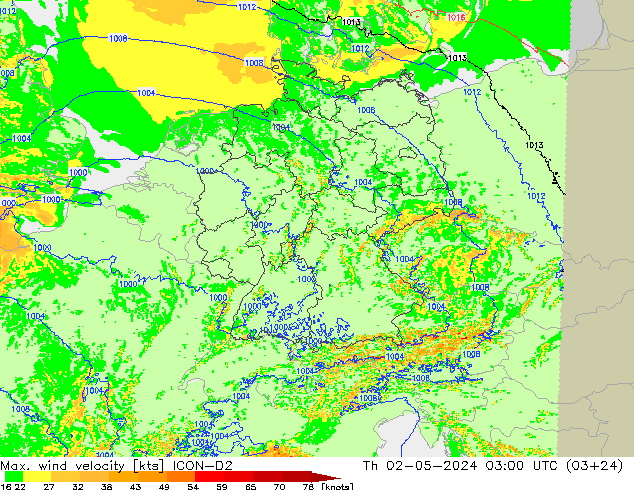 Max. wind velocity ICON-D2 czw. 02.05.2024 03 UTC