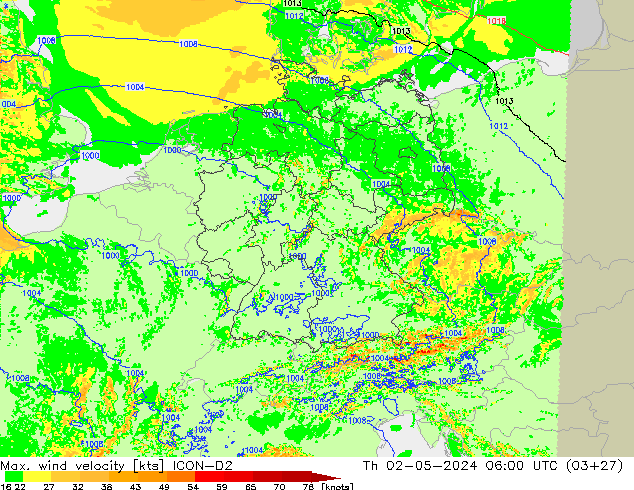 Max. wind velocity ICON-D2 gio 02.05.2024 06 UTC