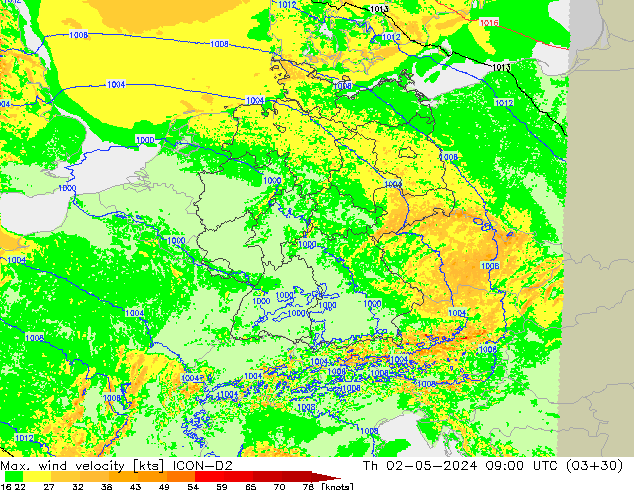 Max. wind velocity ICON-D2 Qui 02.05.2024 09 UTC