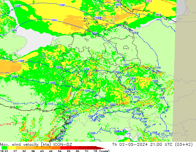 Max. wind velocity ICON-D2 Th 02.05.2024 21 UTC