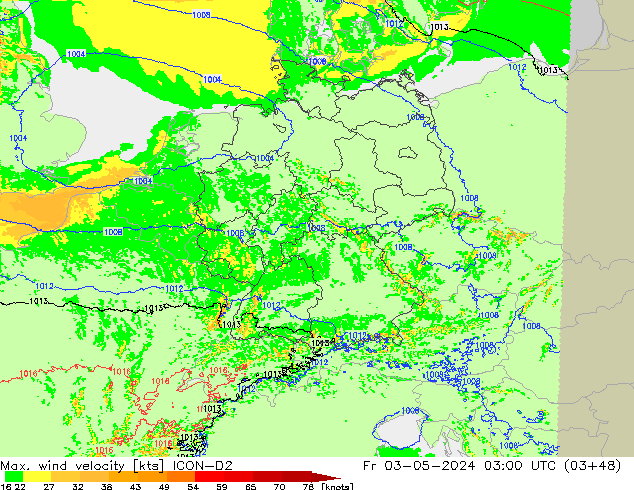 Max. wind snelheid ICON-D2 vr 03.05.2024 03 UTC