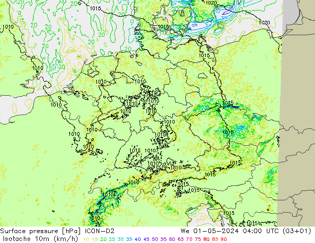 Isotachs (kph) ICON-D2 We 01.05.2024 04 UTC