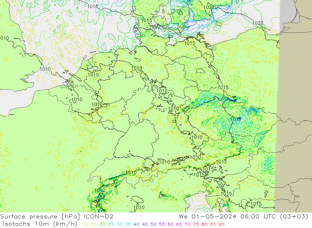 Eşrüzgar Hızları (km/sa) ICON-D2 Çar 01.05.2024 06 UTC