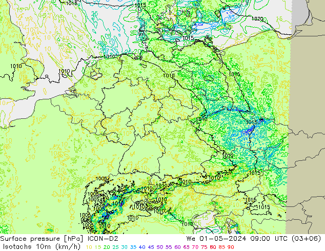 Isotachs (kph) ICON-D2 St 01.05.2024 09 UTC