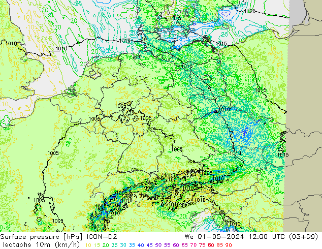 Isotachs (kph) ICON-D2 mer 01.05.2024 12 UTC