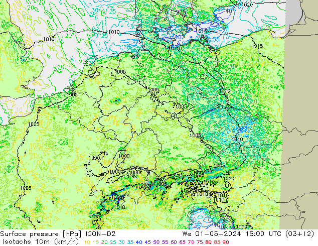 Isotachs (kph) ICON-D2 We 01.05.2024 15 UTC