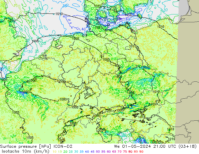 Isotaca (kph) ICON-D2 mié 01.05.2024 21 UTC