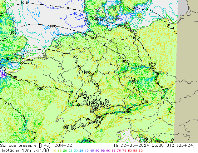 Isotachs (kph) ICON-D2 Th 02.05.2024 03 UTC