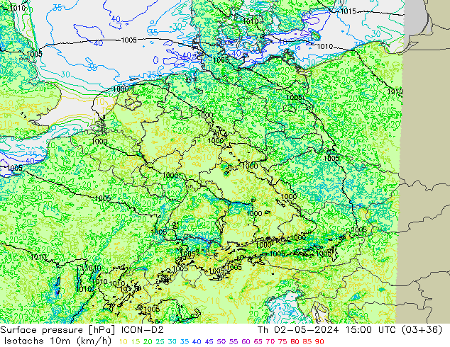 Izotacha (km/godz) ICON-D2 czw. 02.05.2024 15 UTC