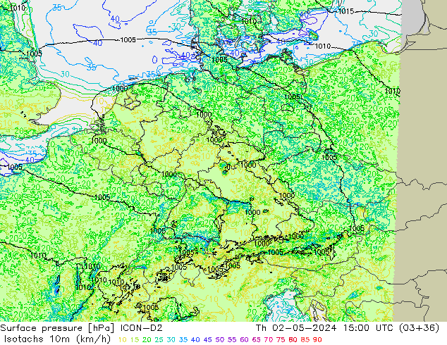 Isotachs (kph) ICON-D2 Th 02.05.2024 15 UTC