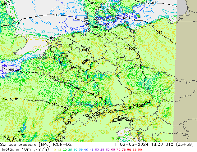 Isotachs (kph) ICON-D2 Qui 02.05.2024 18 UTC