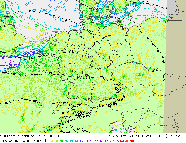 Isotachs (kph) ICON-D2 пт 03.05.2024 03 UTC