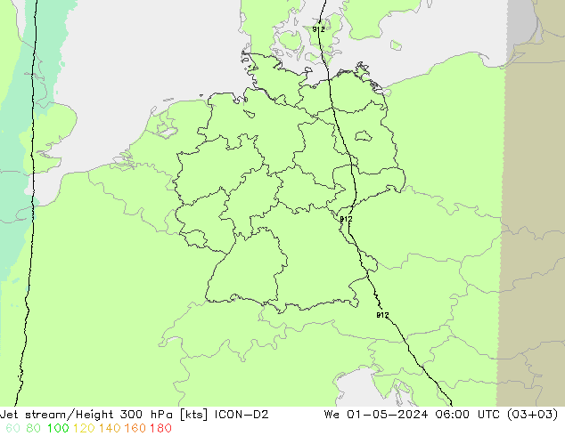 Prąd strumieniowy ICON-D2 śro. 01.05.2024 06 UTC