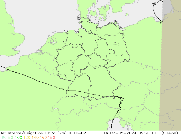 Jet stream ICON-D2 Qui 02.05.2024 09 UTC