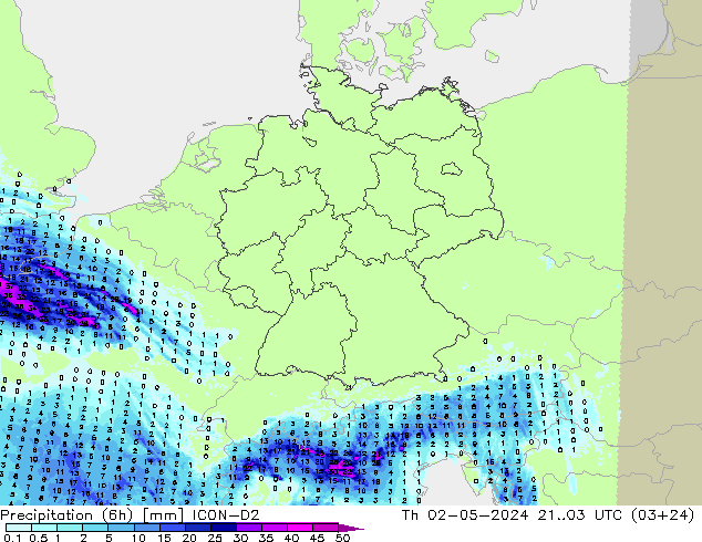 Precipitation (6h) ICON-D2 Th 02.05.2024 03 UTC