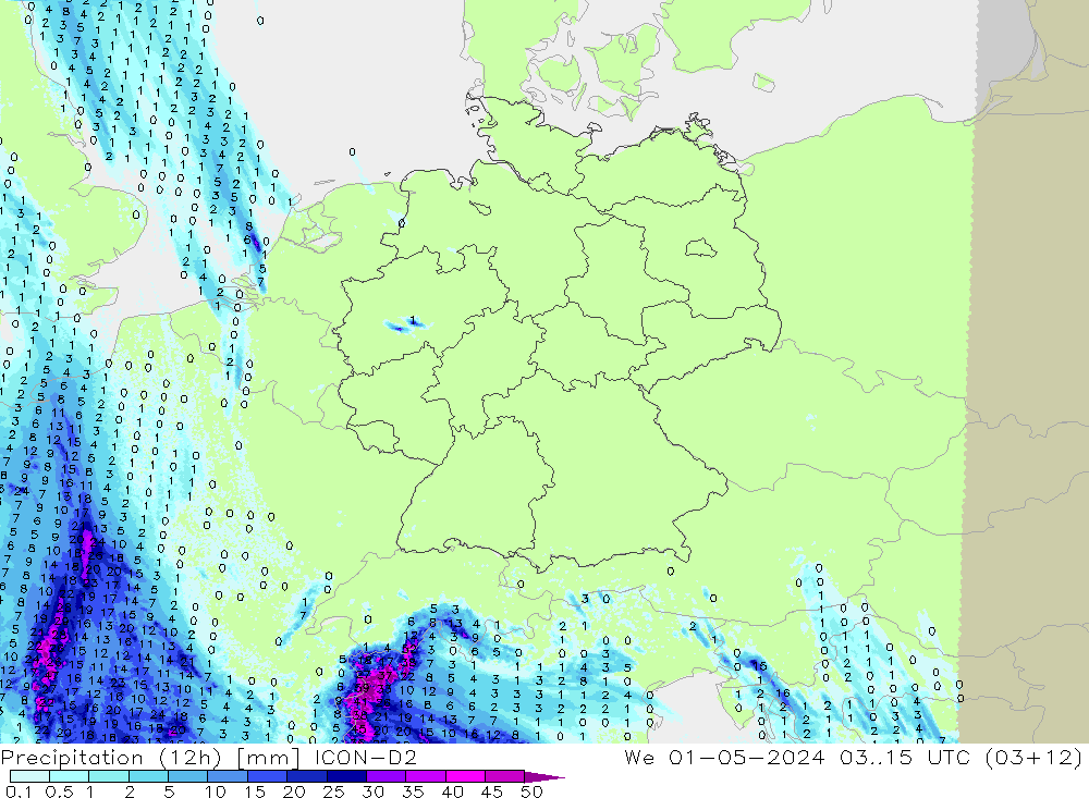 Precipitation (12h) ICON-D2 We 01.05.2024 15 UTC