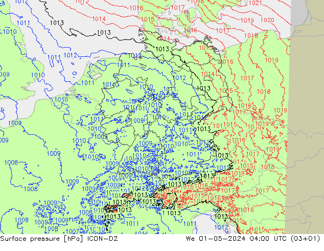 Presión superficial ICON-D2 mié 01.05.2024 04 UTC