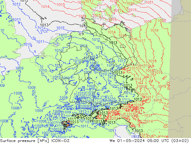 Surface pressure ICON-D2 We 01.05.2024 05 UTC