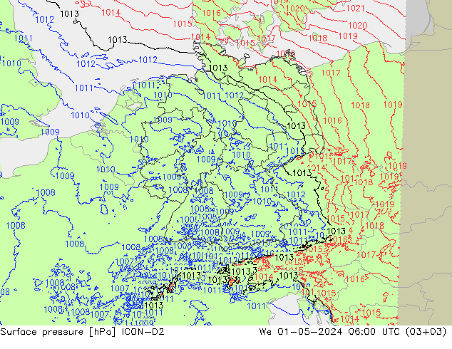 Surface pressure ICON-D2 We 01.05.2024 06 UTC