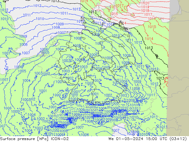 Presión superficial ICON-D2 mié 01.05.2024 15 UTC