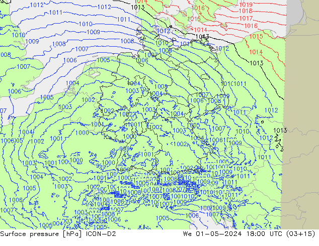 Surface pressure ICON-D2 We 01.05.2024 18 UTC