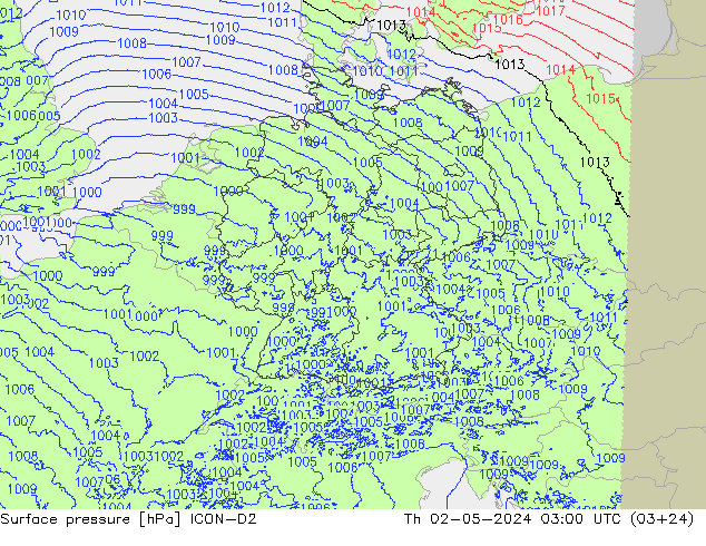 Pressione al suolo ICON-D2 gio 02.05.2024 03 UTC