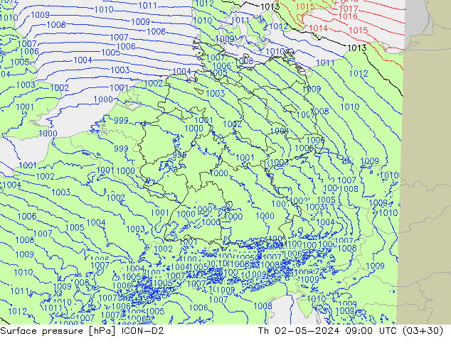 Surface pressure ICON-D2 Th 02.05.2024 09 UTC