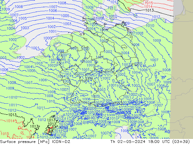 Surface pressure ICON-D2 Th 02.05.2024 18 UTC