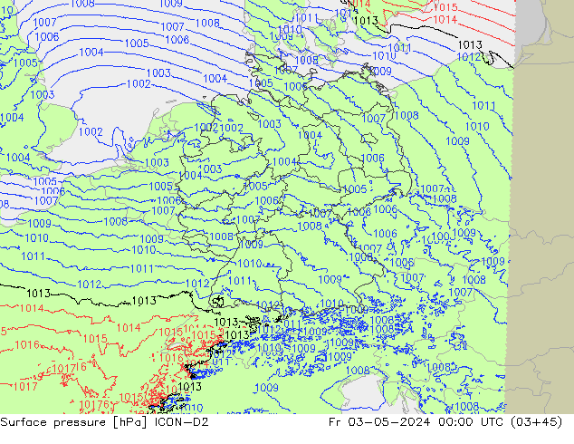 Pressione al suolo ICON-D2 ven 03.05.2024 00 UTC