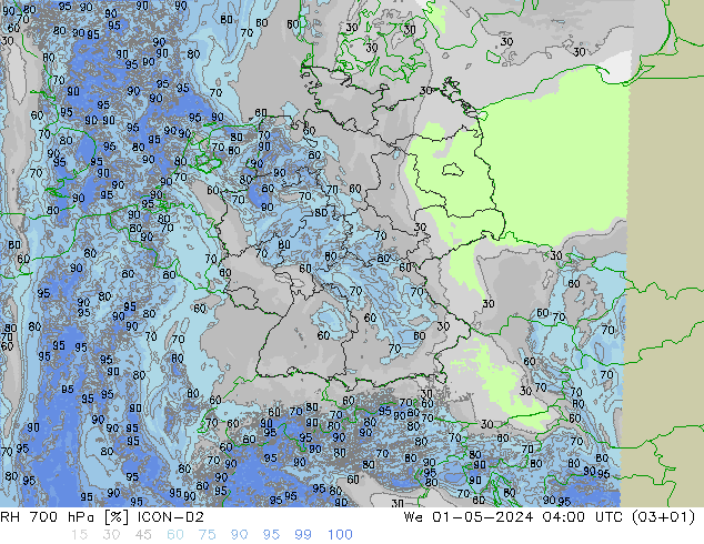Humidité rel. 700 hPa ICON-D2 mer 01.05.2024 04 UTC